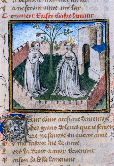Representasjon av et par elskere nær en rose, miniatyr i "Roman de la Rose" av Guillaume de Lorris