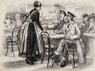 WWI tegneserie, sannsynligvis for Punch, 1916 (penn en blekk på papir) av Gurnell Charles Jennis
