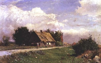 Et skogkledd landskap med figurer ved en hytte av Gustaf Fredrik Rydberg