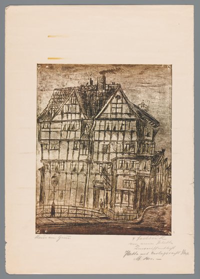 Reproduksjon av et trykk eller tegning med utsikt over et gammelt hus, muligens i Greiz i Tyskland av Gustav Digel (signed by artist)