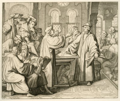 Luther og Ulrich Zwingli (1494-1531) diskuterer om nadverden og de har ingen avtale, i Marburg 1529 av Gustav Ferdinand Leopold Konig