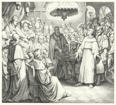 Martin Luther dukker opp foran keiser Charles V på Diet of Worms (gravering) av Gustav Ferdinand Leopold Konig