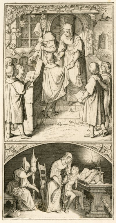 Martin Luther som skolegutt synger foran døren til Ursula Cotta i Eisenach for et lite brød. I dette huset skal han lære pipe og lutt, så originalteksten av Gustav Ferdinand Leopold Konig