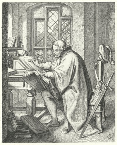 Martin Luther begynner oversettelsen av Bibelen på Wartburg slott (gravering) av Gustav Ferdinand Leopold Konig