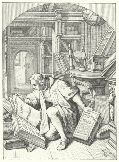 Martin Luther oppdager en latinsk bibel i biblioteket ved Erfurt University (gravering) av Gustav Ferdinand Leopold Konig