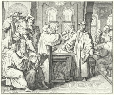 Martin Luther diskuterer nadverden med Huldrych Zwingli (gravering) av Gustav Ferdinand Leopold Konig