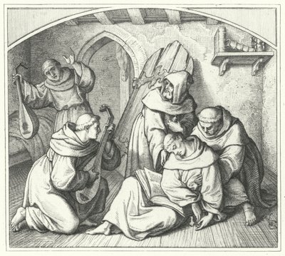 Martin Luther besvimer med en bibel i hånden og vennene hans bringer ham tilbake til fornuften (gravering) av Gustav Ferdinand Leopold Konig