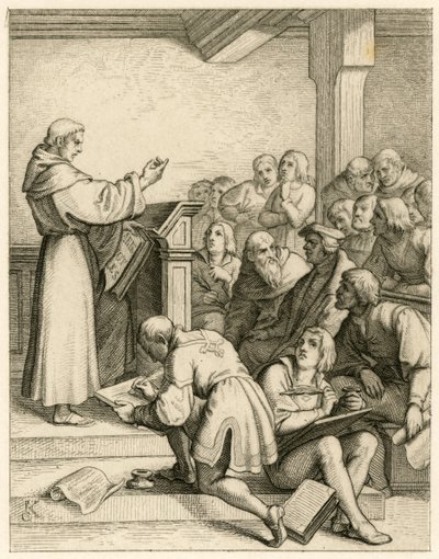 Martin Luther holder forelesninger på universitetet i Wittenberg, foran ham visekansleren Dr. Pollich og hans farsvenn Johann von Staupitz (1460-1524) av Gustav Ferdinand Leopold Konig