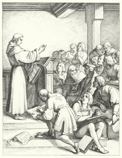 Martin Luther i en filosofi- og teologiforelesning for sin bachelorgrad (gravering) av Gustav Ferdinand Leopold Konig