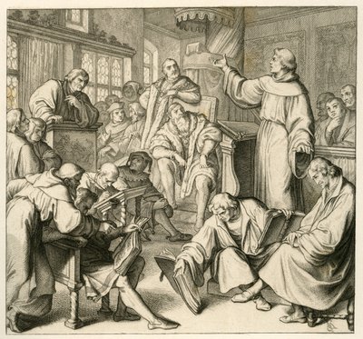Martin Luther i diskusjon med Dr. Johannes Eck (Johann Maier von Eck) (1486-1543), på siden av Luther er det Philipp Melanchthon (1497-1560) og Karlstadt (Andreas Rudolf Bodenstein von Karlstadt av Gustav Ferdinand Leopold Konig
