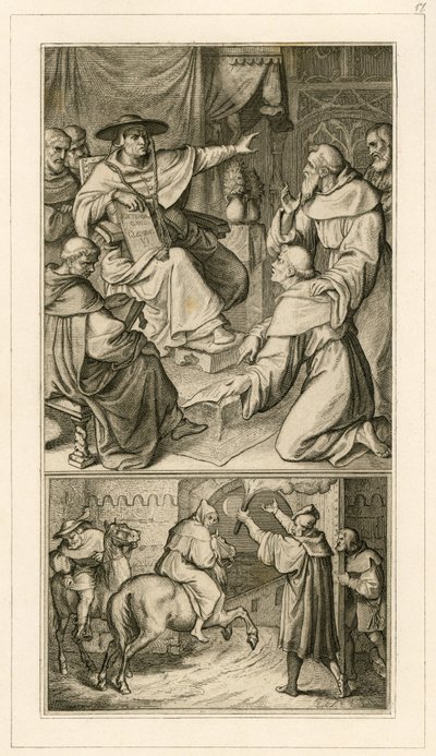 Martin Luther i diskusjon med kardinal Cajetan, Luther må tilbakekalle hans skrifter, ved siden av ham hans venn Staupitz av Gustav Ferdinand Leopold Konig