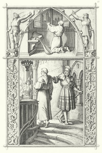 Martin Luther i bønn mens han forbereder seg på Diet of Worms (øverst). Georg von Frundsberg gir oppmuntring til Martin Luther (nederst) (gravering) av Gustav Ferdinand Leopold Konig