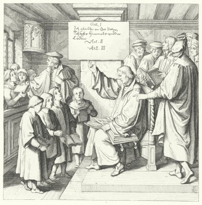 Martin Luther introduserer katekismen for skolebarn (gravering) av Gustav Ferdinand Leopold Konig
