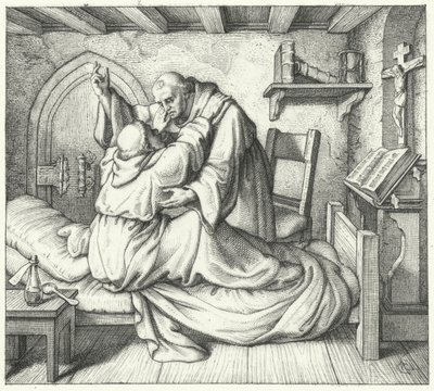 Martin Luther blir trøstet av en medmunk under hans åndelige pine i klosteret (gravering) av Gustav Ferdinand Leopold Konig
