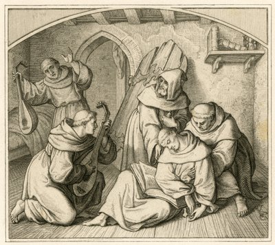 Martin Luther er bevisstløs i sin klostercelle, sammen med andre munker som spiller lut av Gustav Ferdinand Leopold Konig