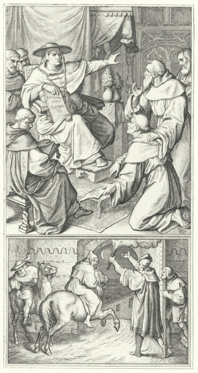 Martin Luther forlater pavens legat i Wittenberg, Thomas Cajetan (øverst). Martin Luther forlater byen Augsburg (nederst) (gravering) av Gustav Ferdinand Leopold Konig