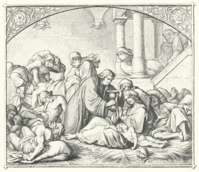 Martin Luther tilbyr trøst til de som lider av pesten (gravering) av Gustav Ferdinand Leopold Konig