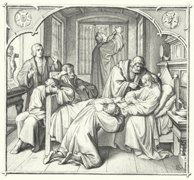 Martin Luther ber ved dødsleiet til Philip Melanchthon (gravering) av Gustav Ferdinand Leopold Konig