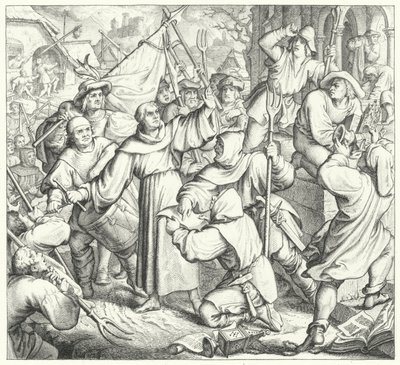 Martin Luther forkynner mot opprørerne og bondekrigen (gravering) av Gustav Ferdinand Leopold Konig