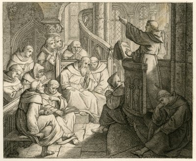 Martin Luther forkynner i klosteret, foran Staupitz, hans farsvenn av Gustav Ferdinand Leopold Konig