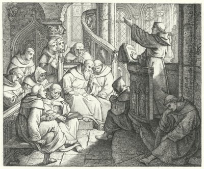 Martin Luther forkynner for Johann von Staupitz og de andre munkene ved klosteret (gravering) av Gustav Ferdinand Leopold Konig