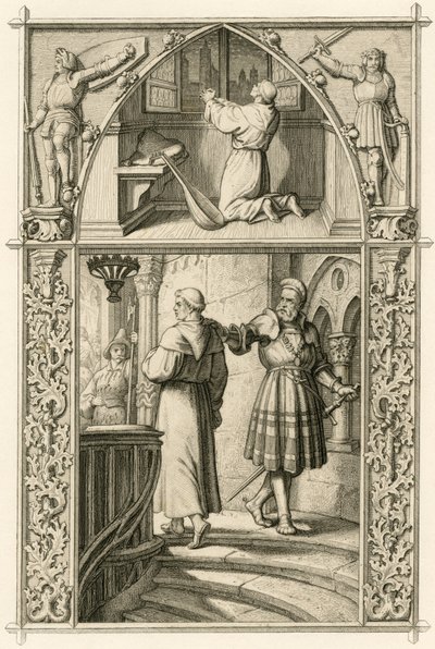 Martin Luther forbereder seg ved en bønn til møtet med keiseren (bildet over); hovedbilde : Luther møter ridderen George (Georg) von Frundsberg (Jorg von Fronsberg, Freundsbergin av Gustav Ferdinand Leopold Konig
