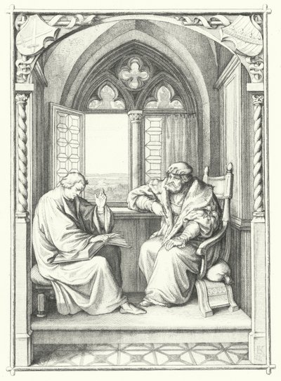 Martin Luther leser fra Bibelen for Johannes, kurfyrst av Sachsen (gravering) av Gustav Ferdinand Leopold Konig
