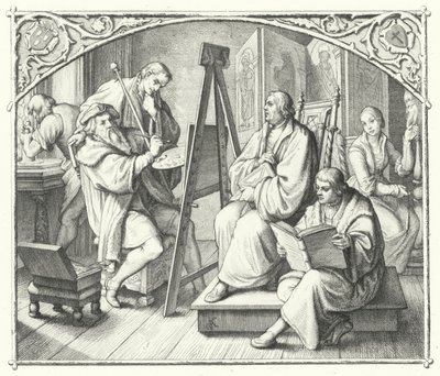 Martin Luther sitter for et maleri av Lucas Cranach den eldste (gravering) av Gustav Ferdinand Leopold Konig