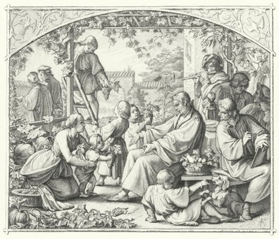 Martin Luther med familien og noen av hans samtidige nyter sommeren (gravering) av Gustav Ferdinand Leopold Konig