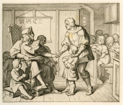 Martin Luthers innskrivning på skolen i Mansfeld, i denne illustrasjonen sammen med sin far Hans av Gustav Ferdinand Leopold Konig