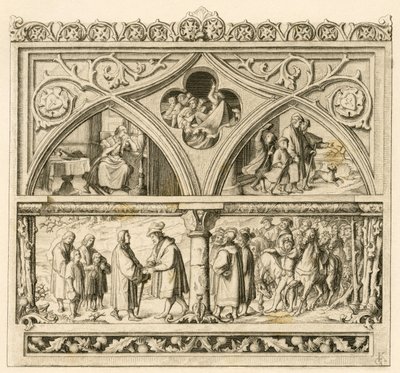 Martin Luthers reise til grev Mansfeld (Hoyer VI av Mansfeld-Vorderort (1477-1540); bilde øverst til venstre: den triste Katharina, i midten: raseriet Saale-elven, til høyre: Luther sammen med sønnene hans Bilde nede: Luther og greve av Gustav Ferdinand Leopold Konig