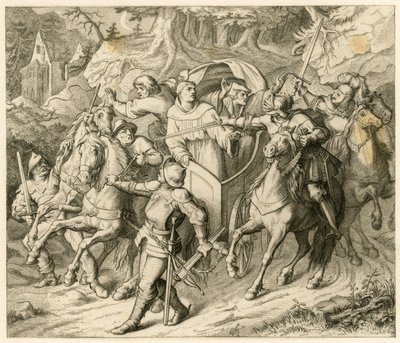 Kidnappingen av Martin Luther på hjemreisen - 1521 - av Hauptmann von Berlepsch og Burkhard Hund, fordi det var oksen av ekskommunikasjon av paven og keiserens fredløshet av Gustav Ferdinand Leopold Konig