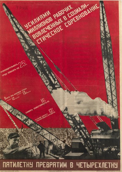 Planification no URSS - We Will Turn the Five-year Plan into a Four-Ear Plan - Klutsis, Gustav (1895-1938) - 1930 - Fargelitografi - 105x73 - Russian National Library, St. Petersburg av Gustav Klutsis
