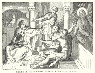 Peters fornektelse av Kristus, St. Lukas, kap xxii, ver 55, 56 (gravering) av Gustav Jager