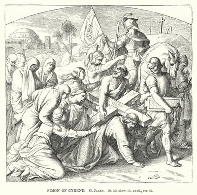 Simon av Kyrene, St Matteus, kap xxvii, ver 32 (gravering) av Gustav Jager