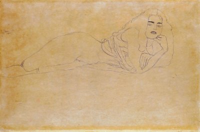 «Naken liggende på magen, vendt mot høyre.» Portrett av en naken kvinne liggende på magen. Tegning av Gustav Klimt (1862–1918) av Gustav Klimt
