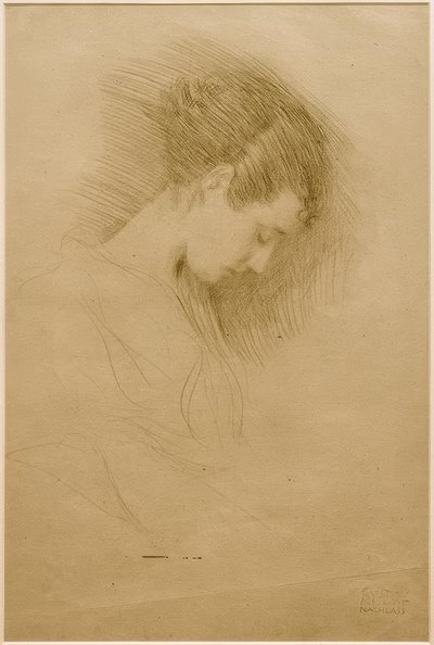 Halvlengde portrett av en jente med hodet bøyd til høyre av Gustav Klimt
