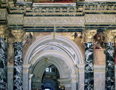 Interiør av Kunsthistorisches Museum, Wien, med buegang og spandrel dekorasjon som viser figurer som representerer 1300-tallets Roma og Venezia, 189091 (veggmaleri) av Gustav Klimt