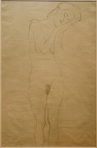 Naken forfra, hendene på kinnet av Gustav Klimt
