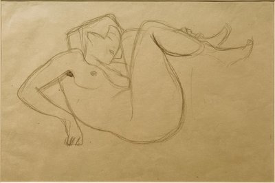 Naken jente på huk med trukket lår (studie) av Gustav Klimt