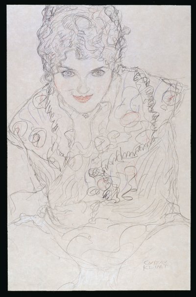 Portrett med høyre hånd på haken, ca. 1917-18 av Gustav Klimt