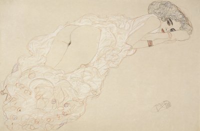 Liggende naken liggende på magen og vendt mot høyre av Gustav Klimt