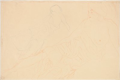 liggende nakenbilder; Støttet liggende figur, repetisjon til venstre, 1913 av Gustav Klimt