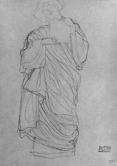 Robed stående kvinne holder kort, (blyant på brunt papir) av Gustav Klimt