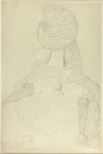 Sittende kvinne forfra med hatt, ansiktshette av Gustav Klimt