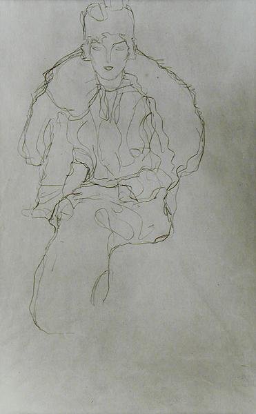 Sittende kvinne med pelsbeklædning og hodeplagg av Gustav Klimt