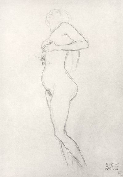 Stående naken jente ser opp av Gustav Klimt