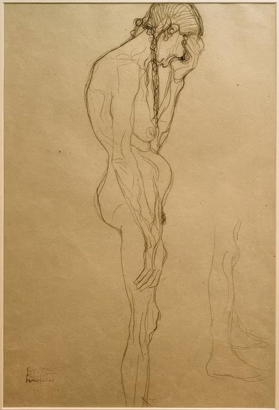 Stående kjerring i profil til høyre, benstudie av Gustav Klimt