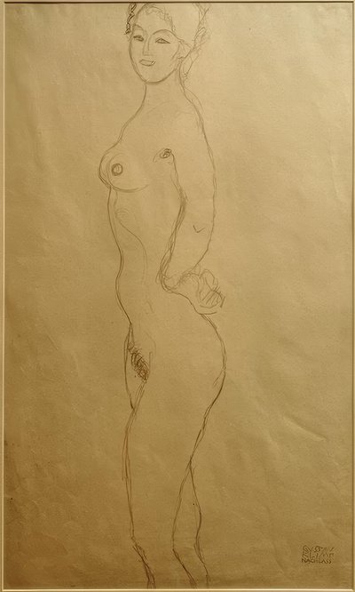 Stående kvinnelig naken til venstre, levere inn ... av Gustav Klimt