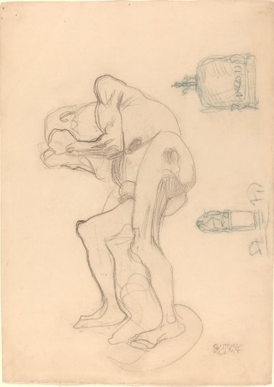 Studie av en naken gammel kvinne som knytter nevene, og to dekorative gjenstander av Gustav Klimt